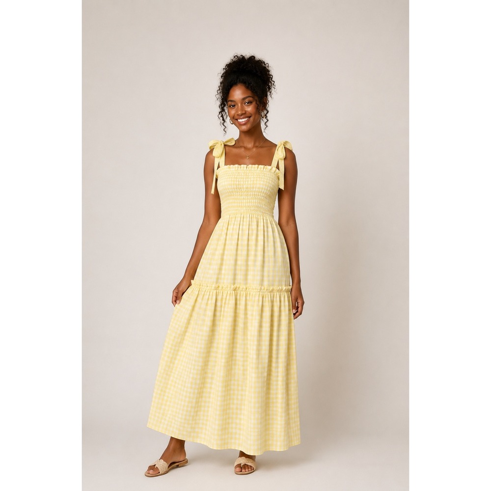 MABLE Yellow Gingham Checkered Smocked Maxi Dress Cute Summer Pockets‎ M